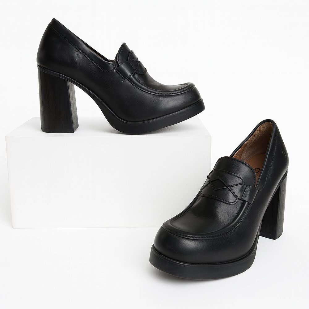 Fly London Black Leather Platform Loafer Block Heel Shoes 39– Preppy Y2K Chunky